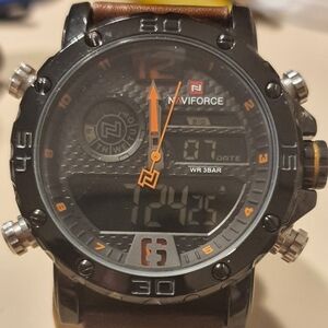 Naviforce Black Leather Analog- Digital Men's Watch